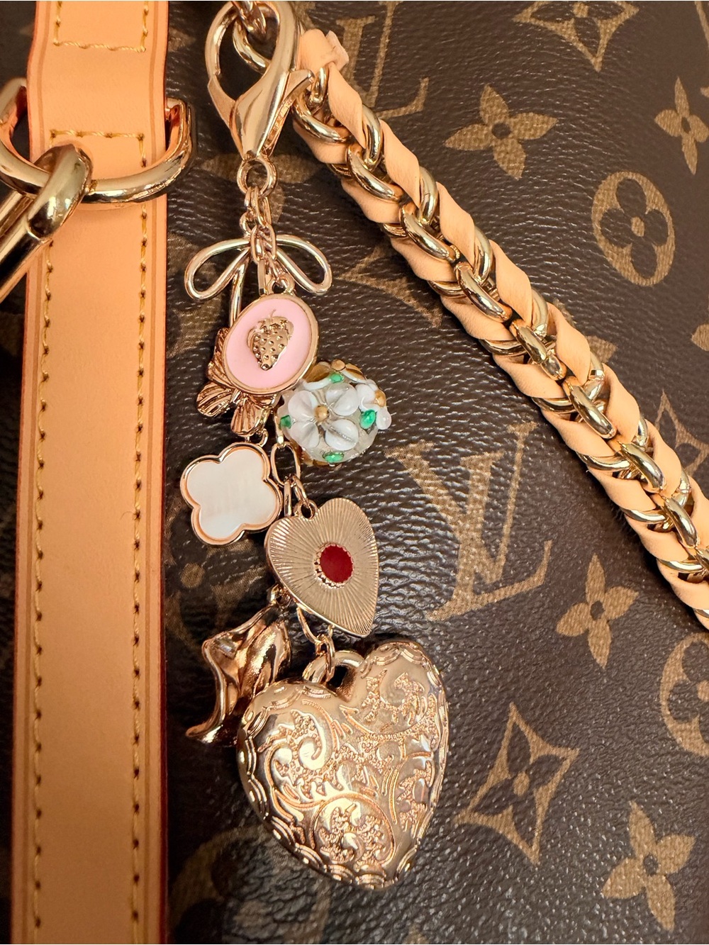 Gold & Pink Heart Charm Key/Bag Holder with Floral Accents
